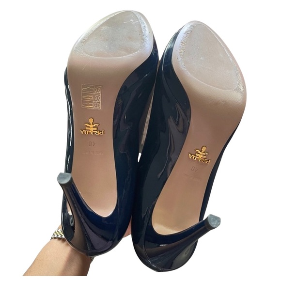 Prada Navy Blue Patent Peep Toe Heels Shoes Sz 40 - Picture 5 of 9
